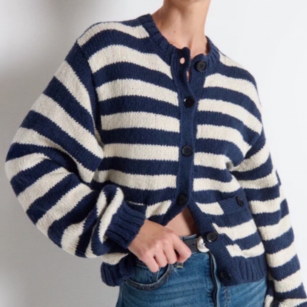 Nation LTD Navy Blue Cream Striped Button Front Cardigan Sweater Size M NEW